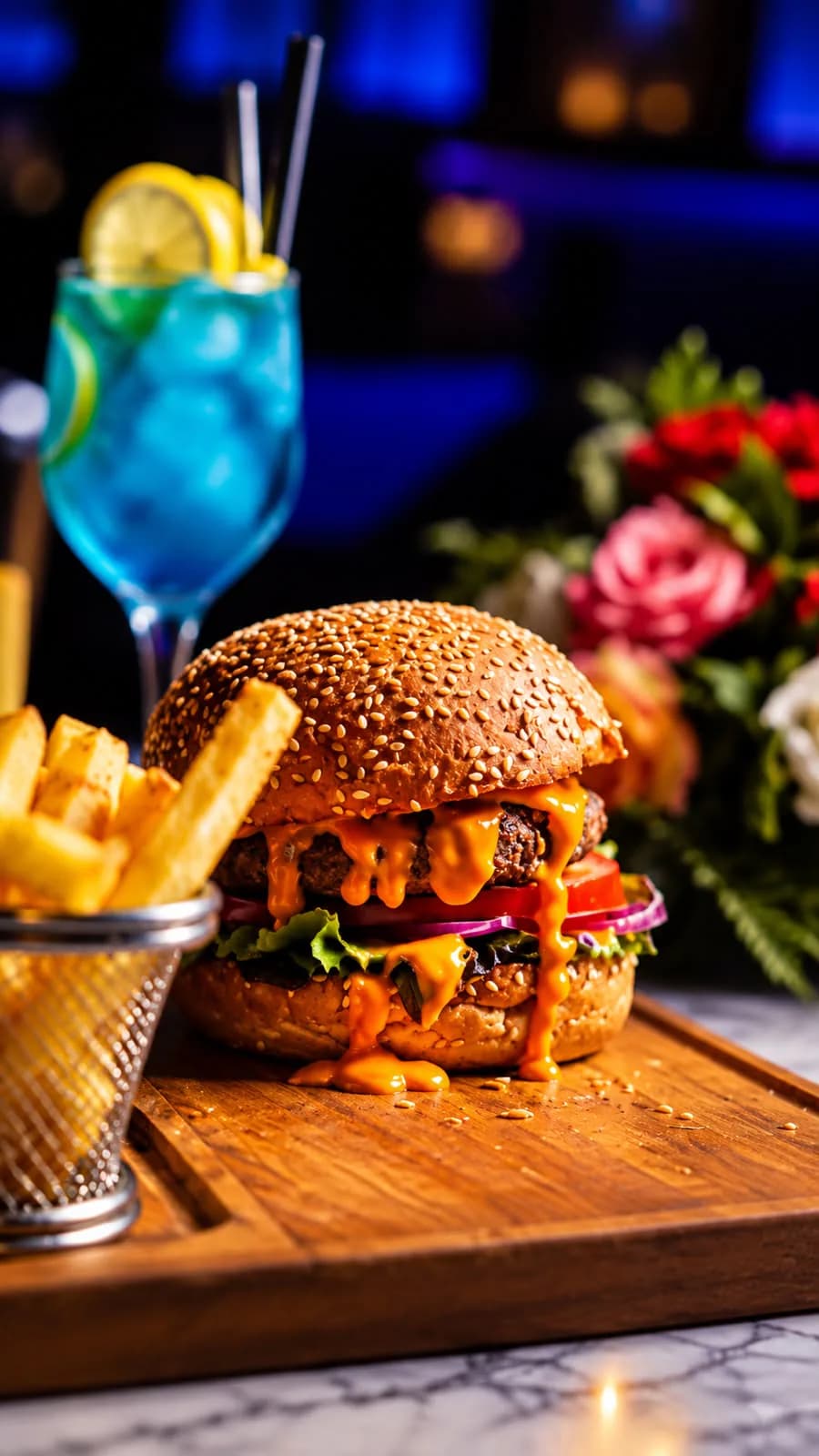 Cheese burger et frites sur planche, cocktail bleu — Dandana Cabaret, Marrakech