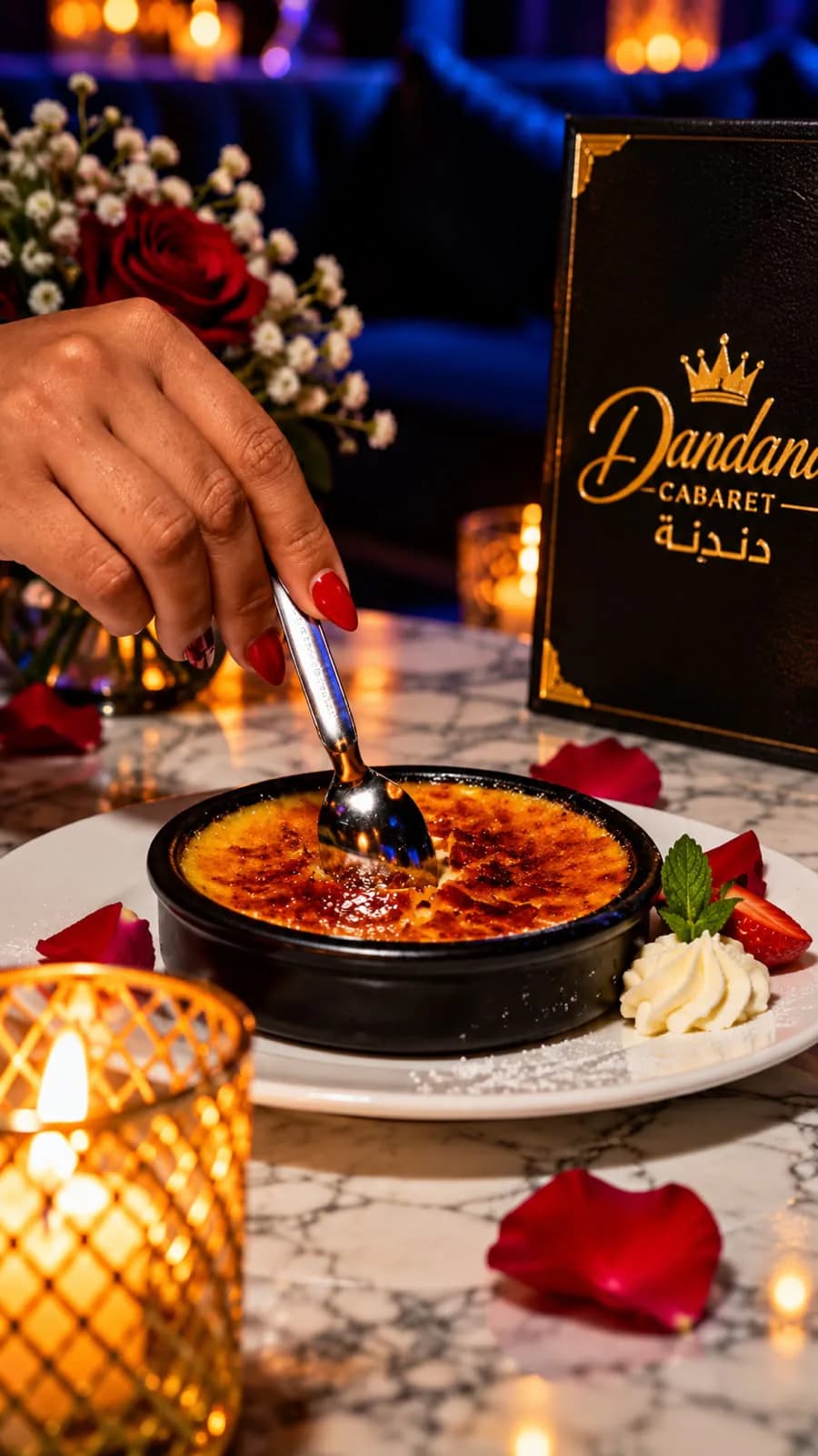 Crème brûlée caramélisée, chantilly — Dandana Cabaret, Marrakech