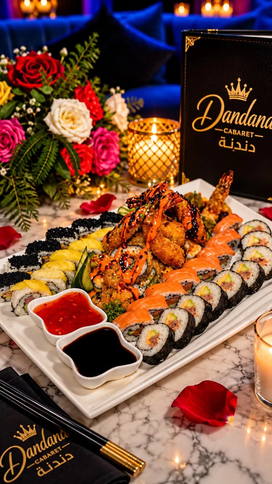 Assortiment de sushi, makis et crevettes tempura, sauces soja et aigre-douce — Dandana Cabaret, Marrakech