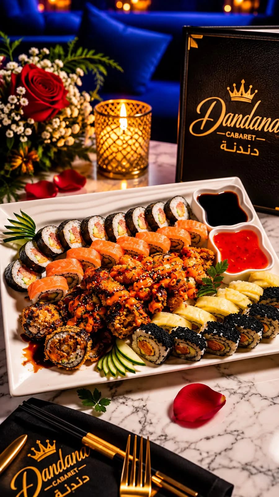 Plateau de makis et sushi au saumon, sauces — Dandana Cabaret, Marrakech