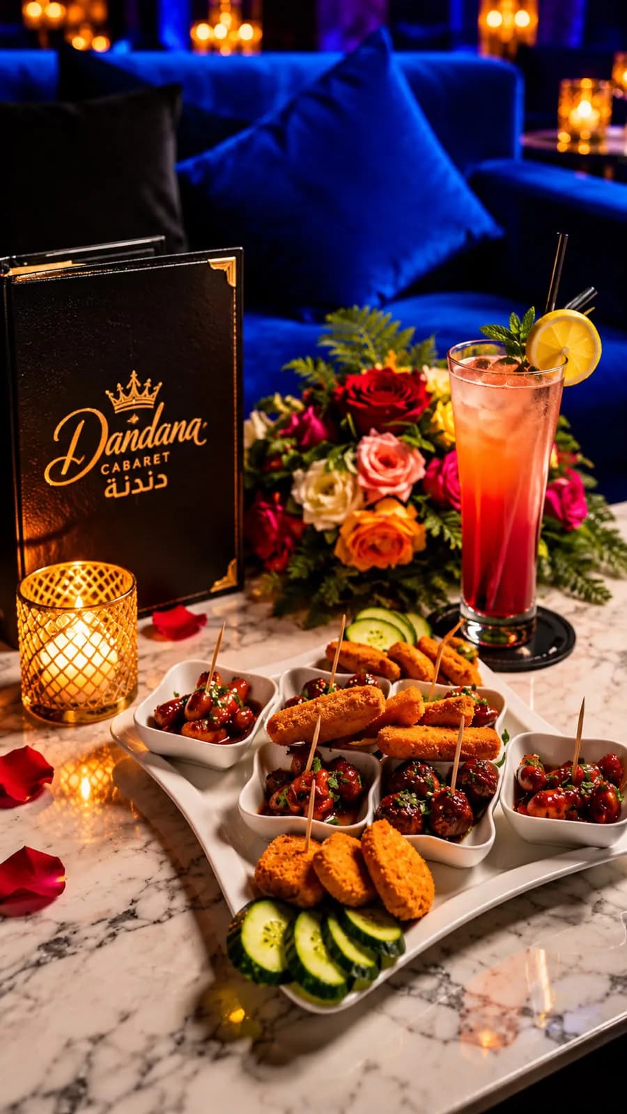 Tapas chauds en coupelles, servis avec un cocktail — Dandana Cabaret, Marrakech